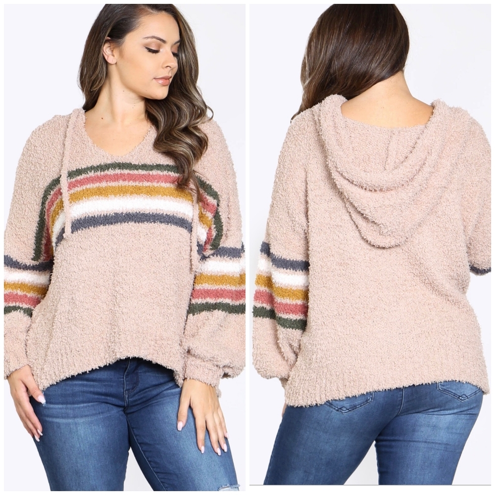 LAST ONE❗LOVE RICHE Plus Size Taupe Fuzzy Sweater Hoodie - Picture 5 of 5